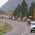 Everyone riding horses through the town for pink day