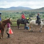 Ladies riding horse in riding area